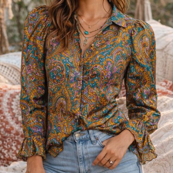 Cassant Tops - Vintage 90s Silk Paisley Blouse Size 8 Jewel Tone Boho Luxe Button Front Top